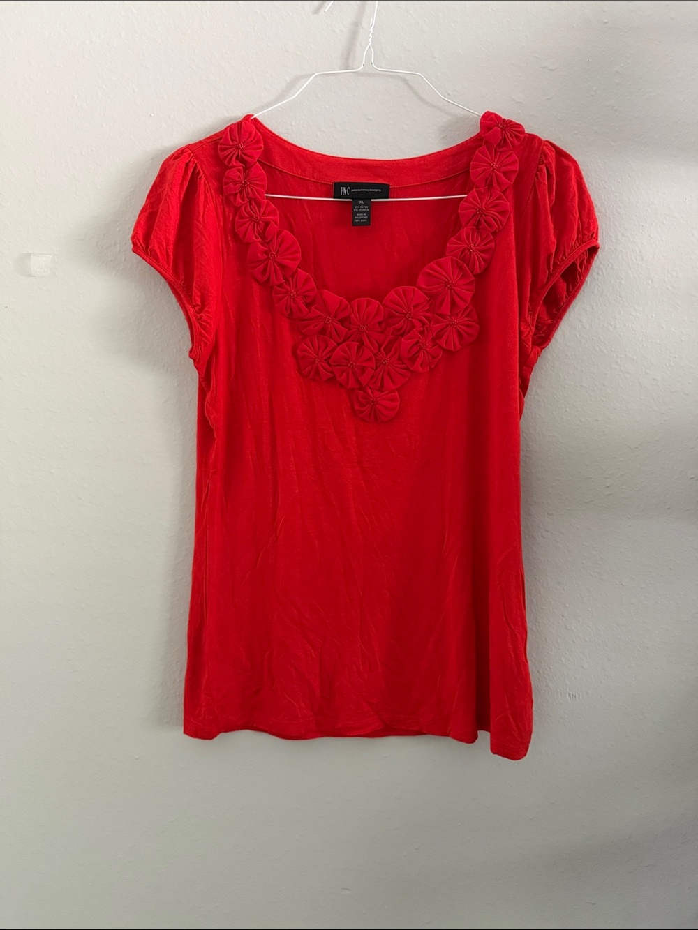 INC International Concepts Red Short Sleeve Scoop Neck Top with Floral Trim